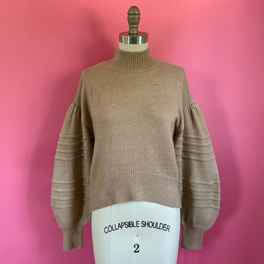 1. State Bloomingdales Camel Cropped Turtle Neck Drop Puff Sleeve Sweater Top